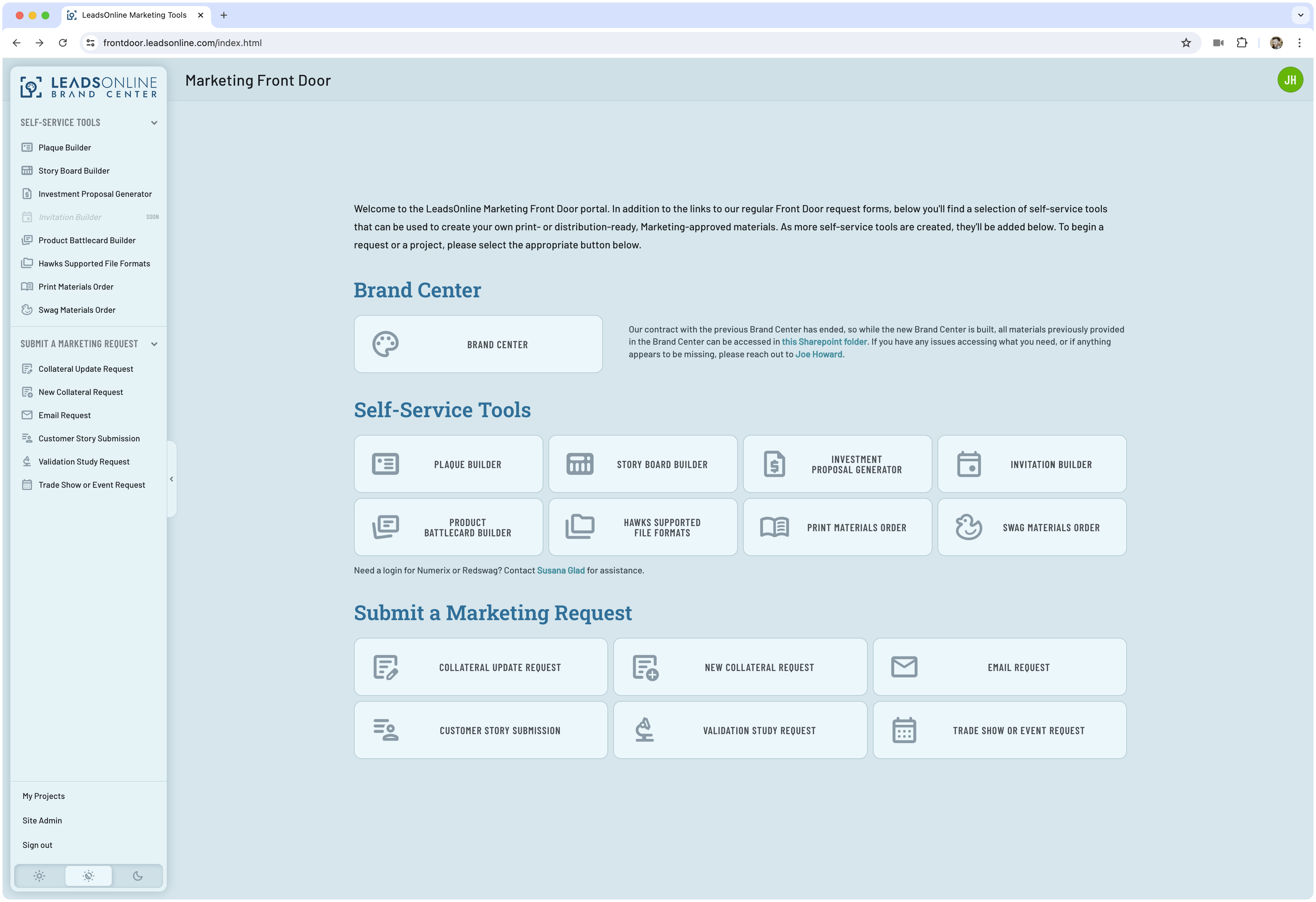 Marketing Front Door home page showing the growing collection of self-service tools and marketing request options