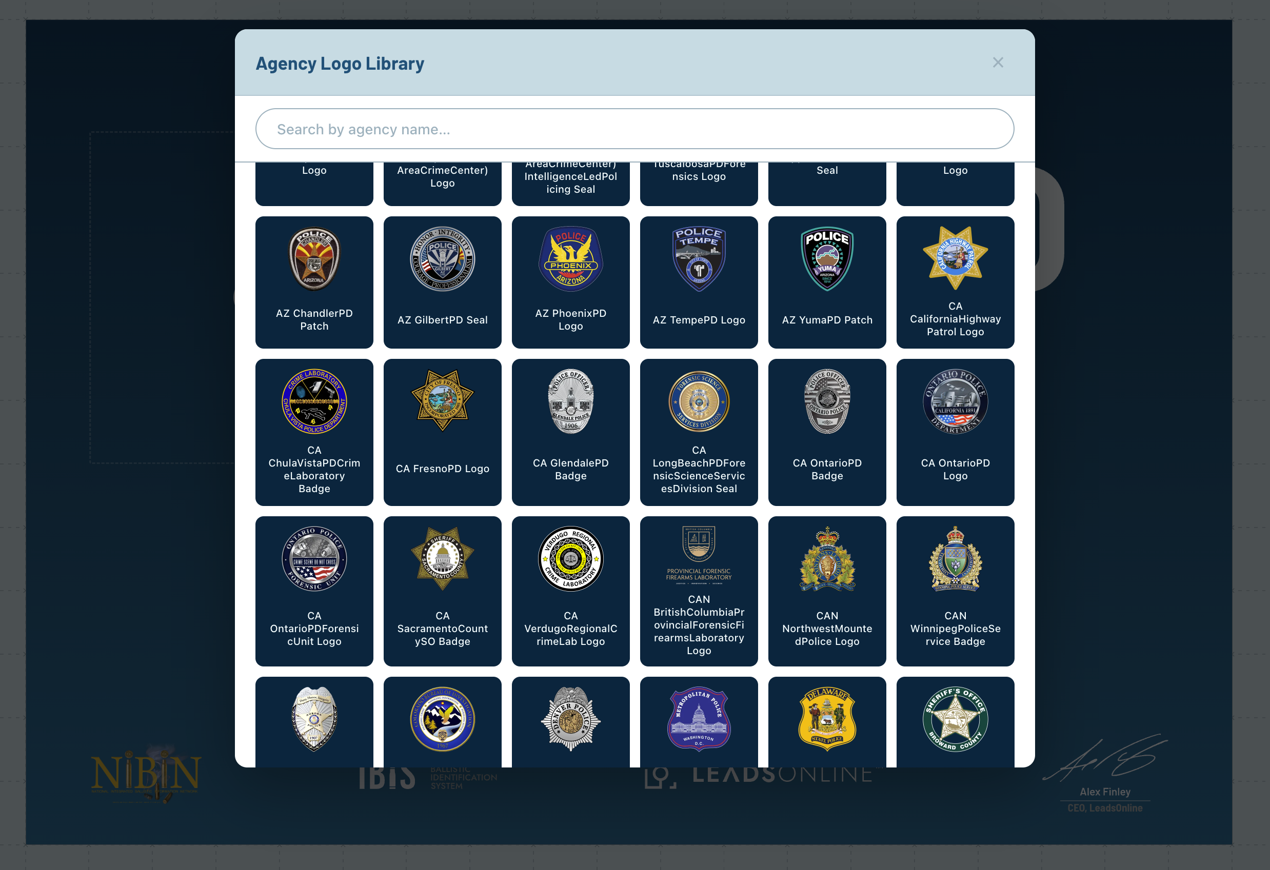 Plaque Builder with the shared agency logo library open