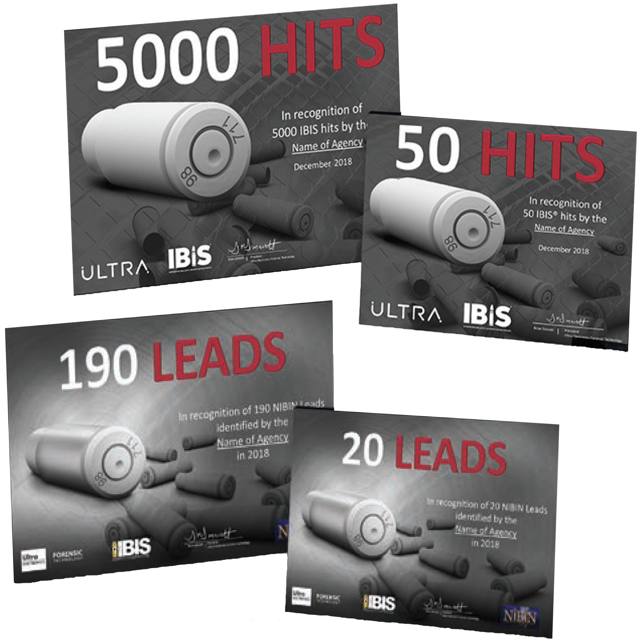 Examples of the older ballistics milestone plaque designs used before the self-service Plaque Builder was created