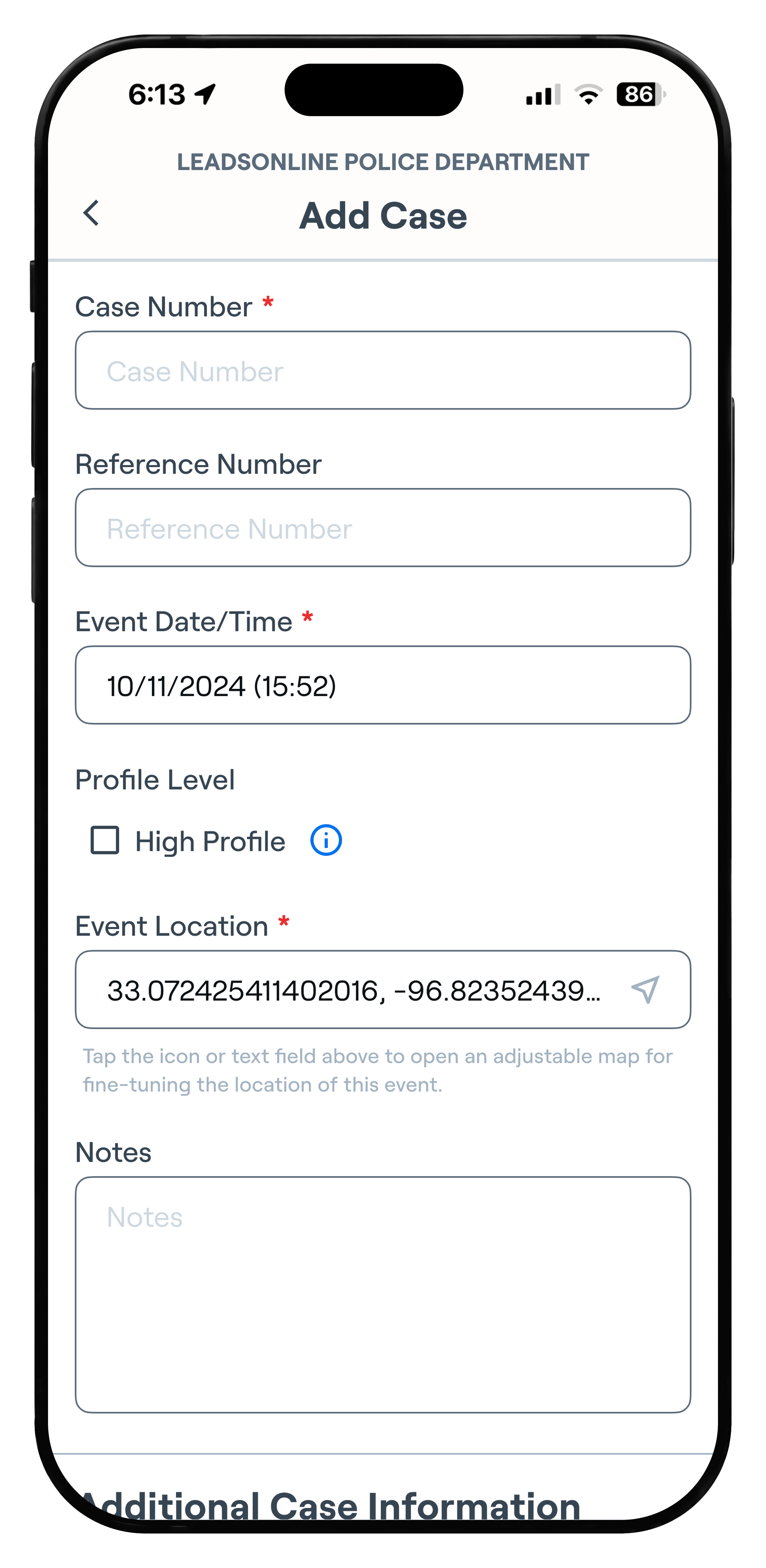 ClearCase mobile screen for creating a new case, including case number, date, location, profile level, and notes