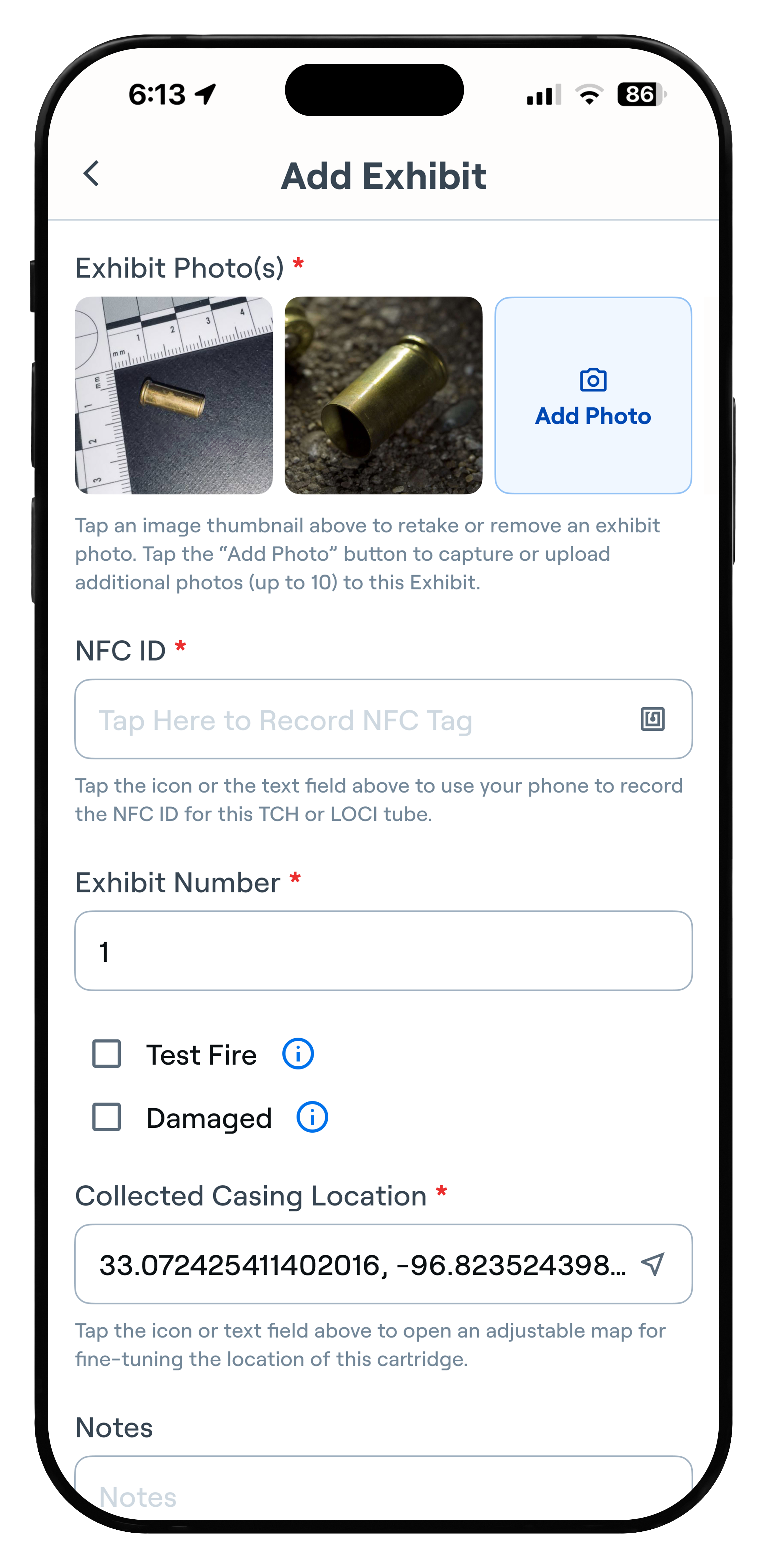 ClearCase mobile screen for adding an exhibit with photos, NFC ID, evidence details, and collected casing location