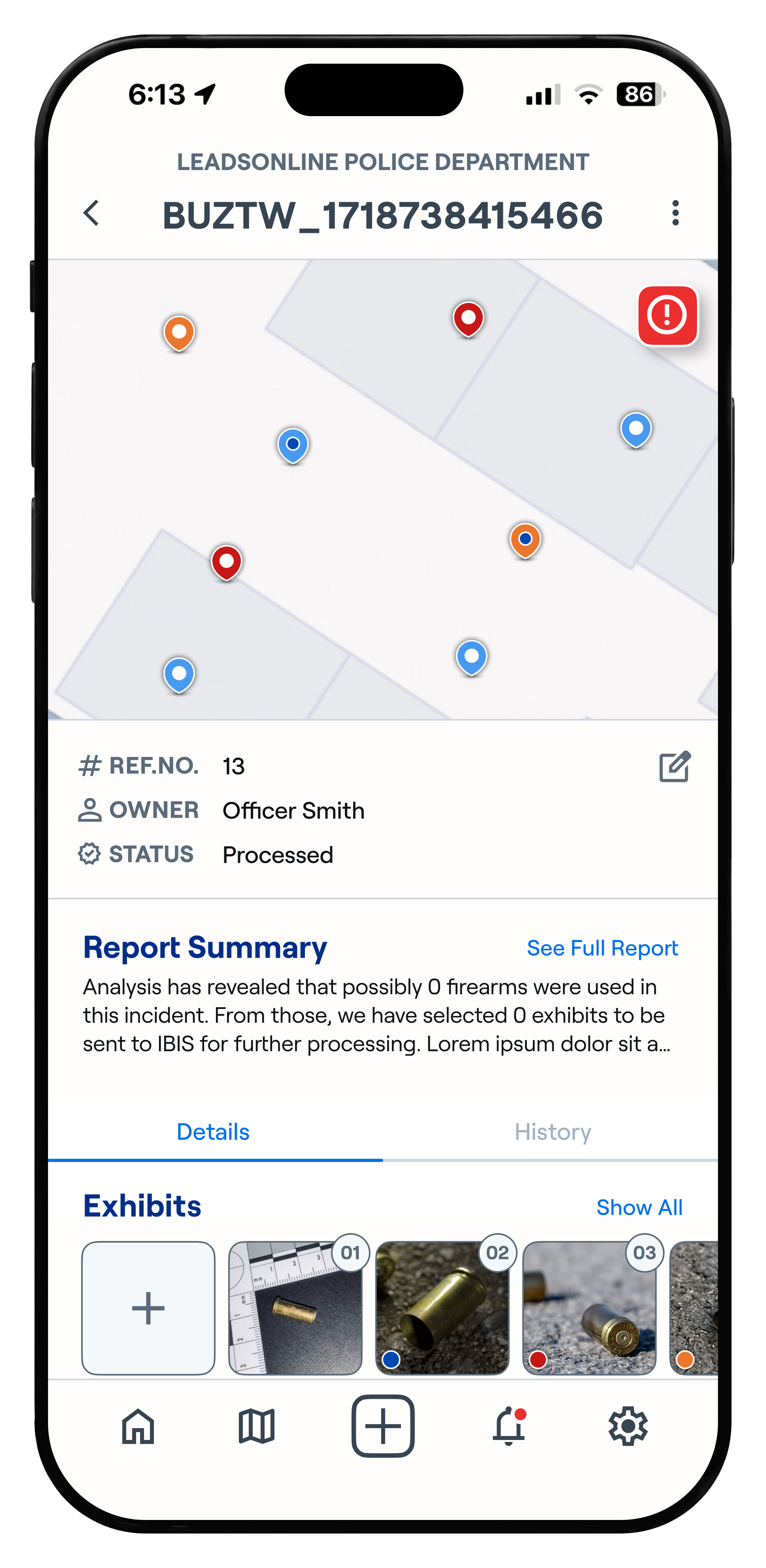 ClearCase processed case screen showing a ballistic analysis summary, mapped exhibits, and access to the full report