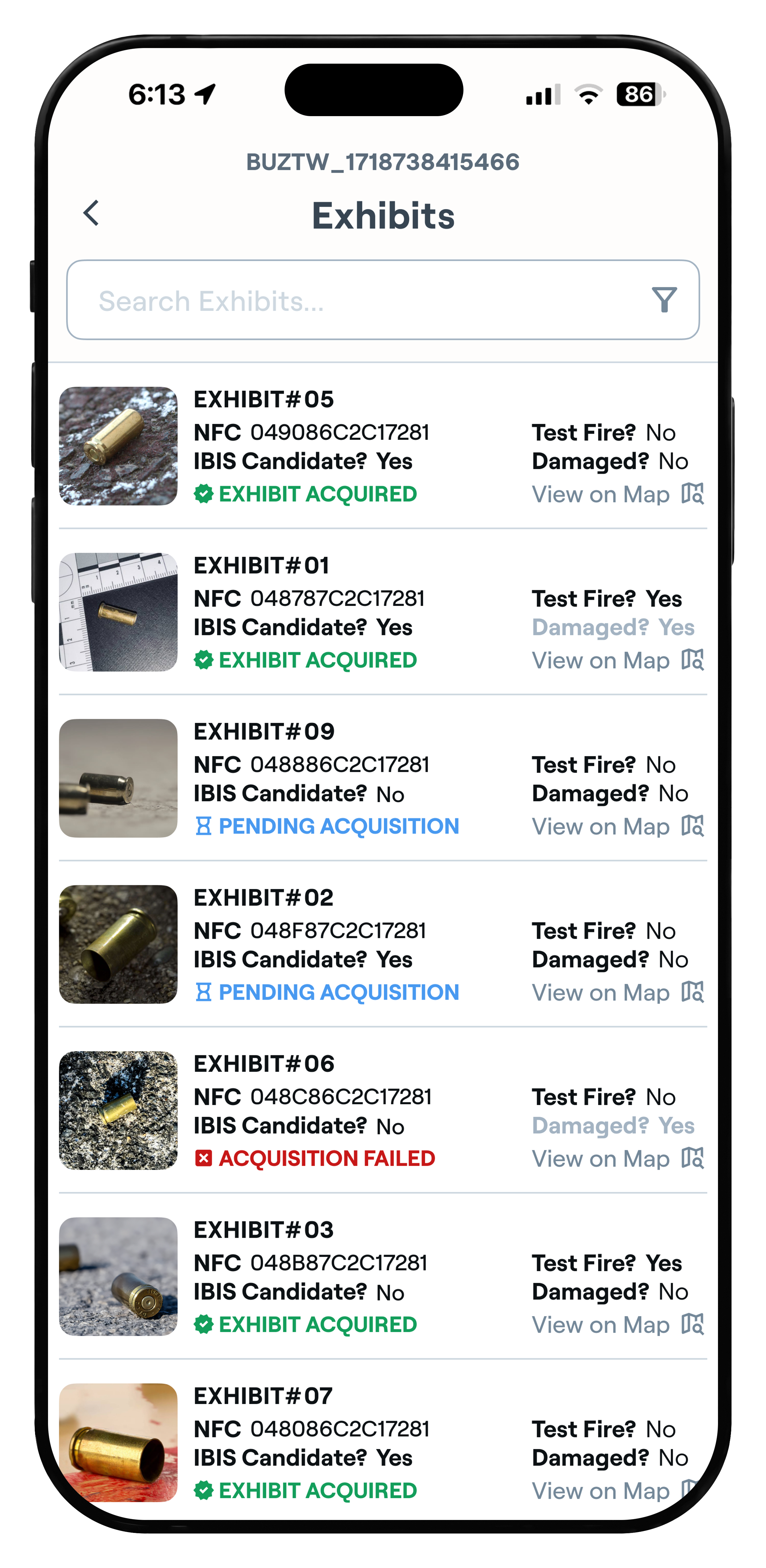 ClearCase exhibit list showing acquired, pending, failed, and candidate evidence states