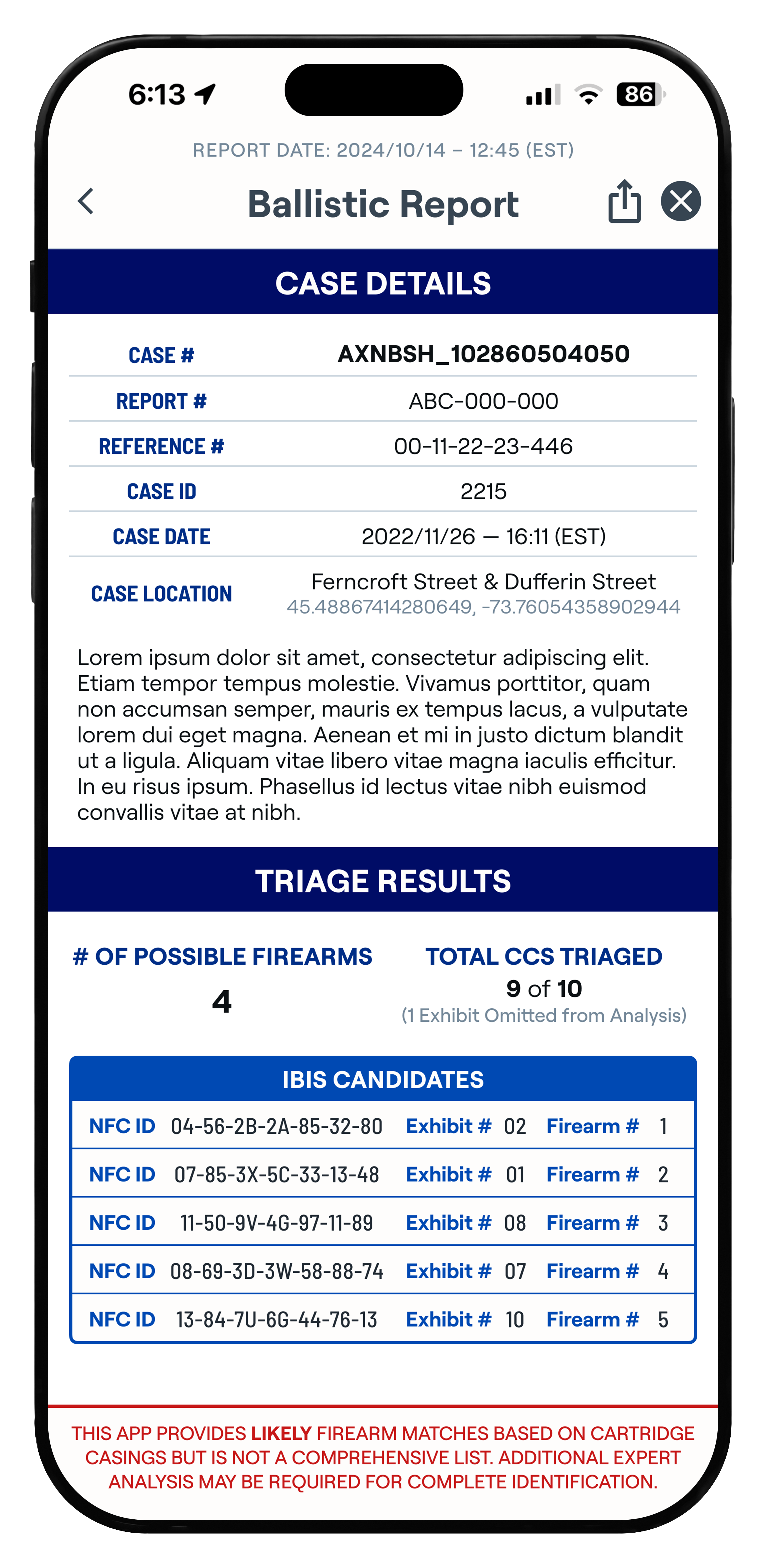 ClearCase ballistic report screen showing case details, triage results, and candidate exhibits