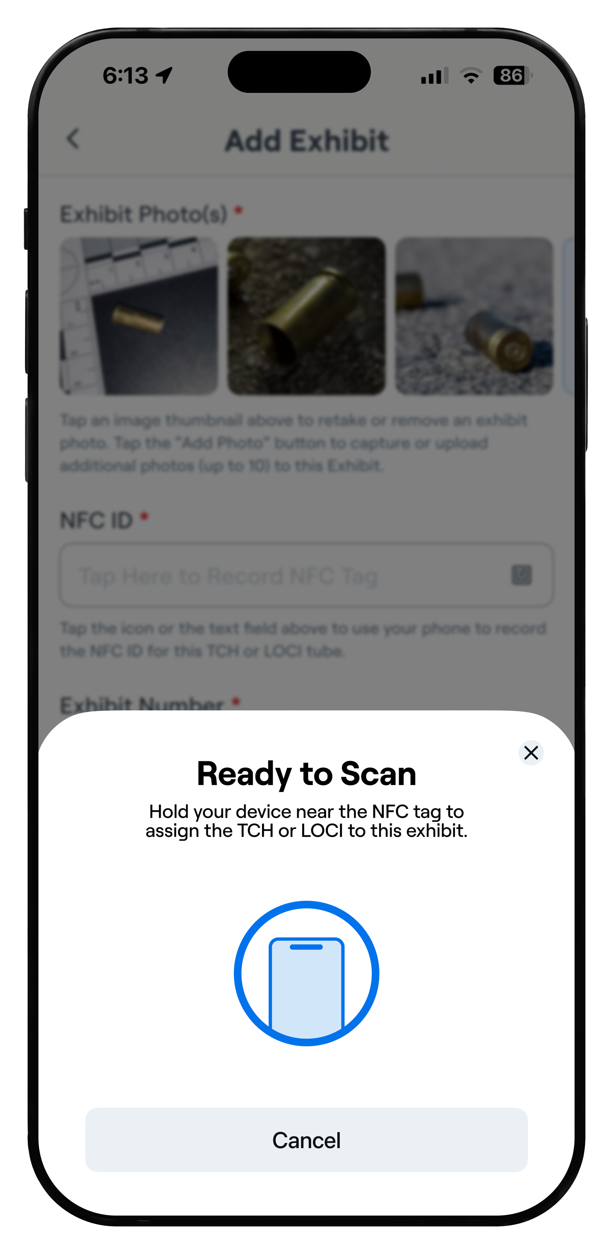 ClearCase NFC scan prompt used to associate a physical evidence container with an exhibit record