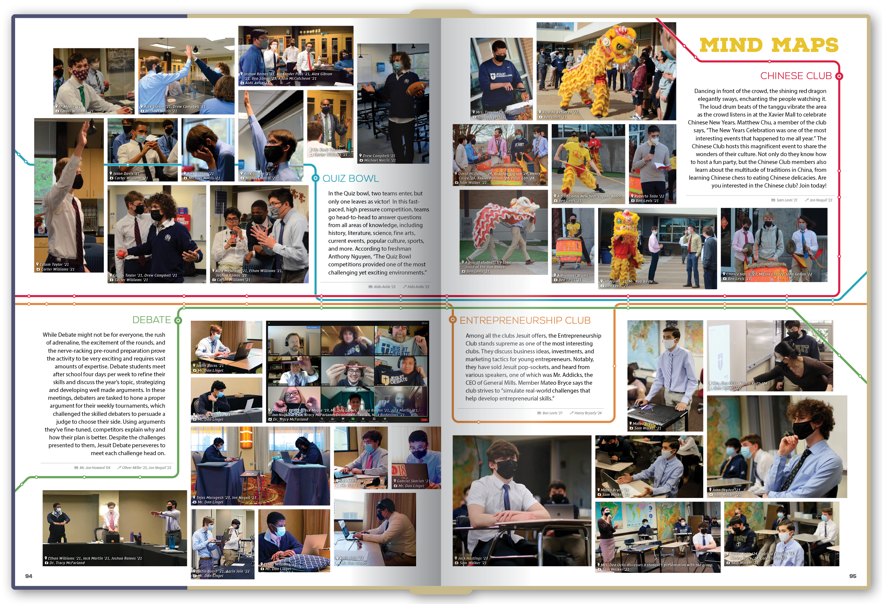 A subway-map-inspired design has stops for each of the four stories on this spread.