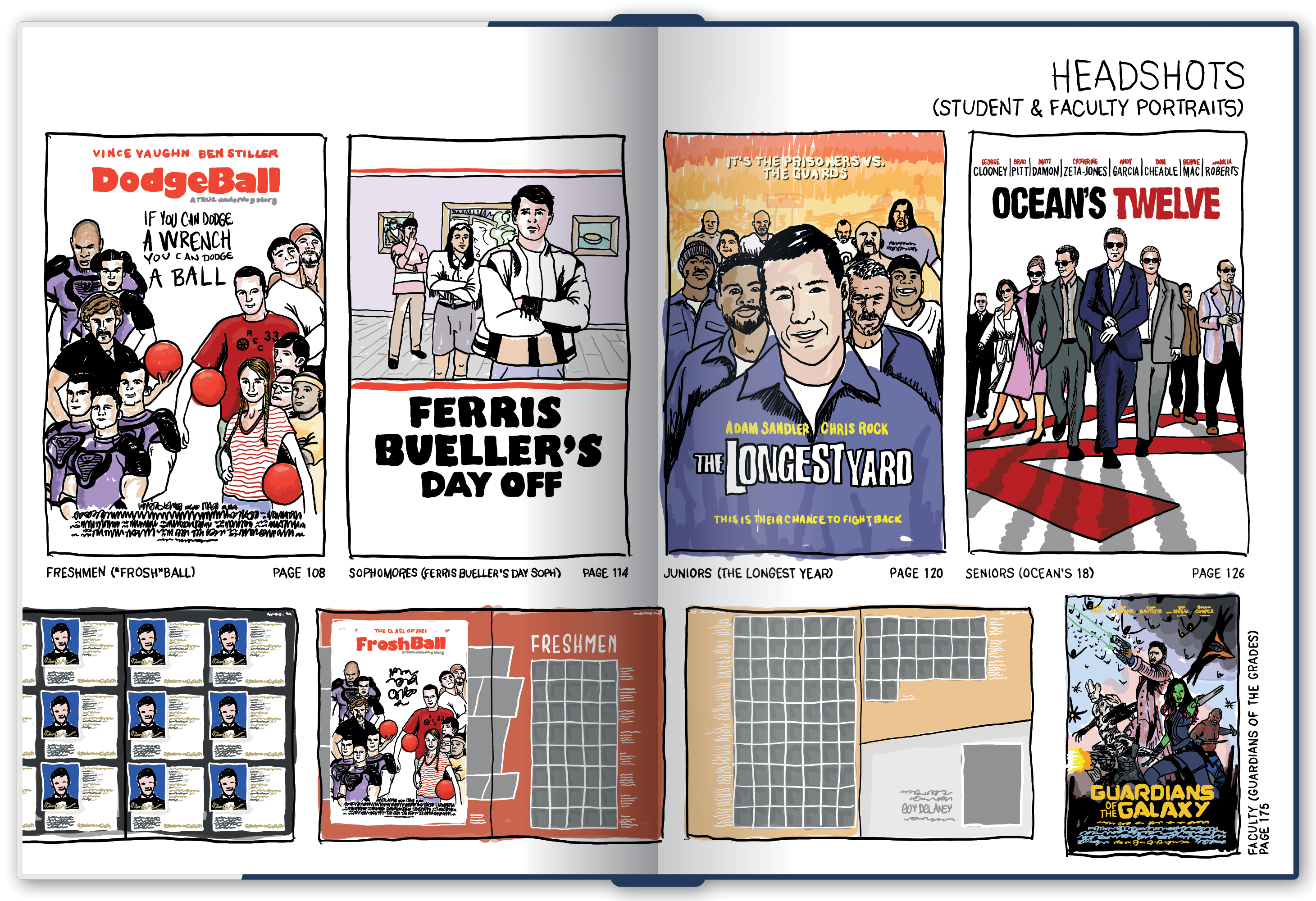 A section division spread leans into the Behind the Scenes theme, showcasing brainstorming sketches for what's to come in the section.