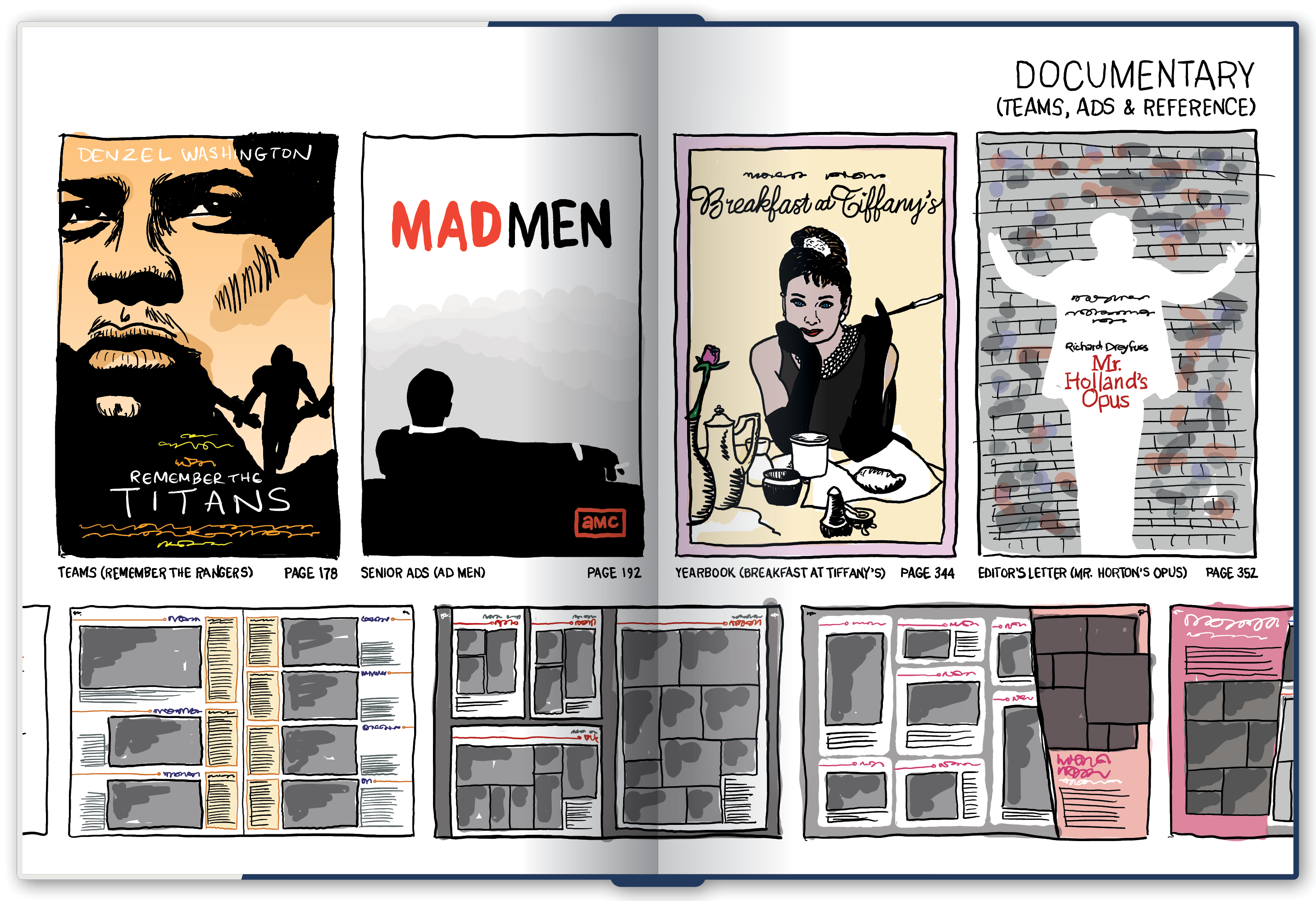 A section division spread leans into the Behind the Scenes theme, showcasing brainstorming sketches for what's to come in the section.