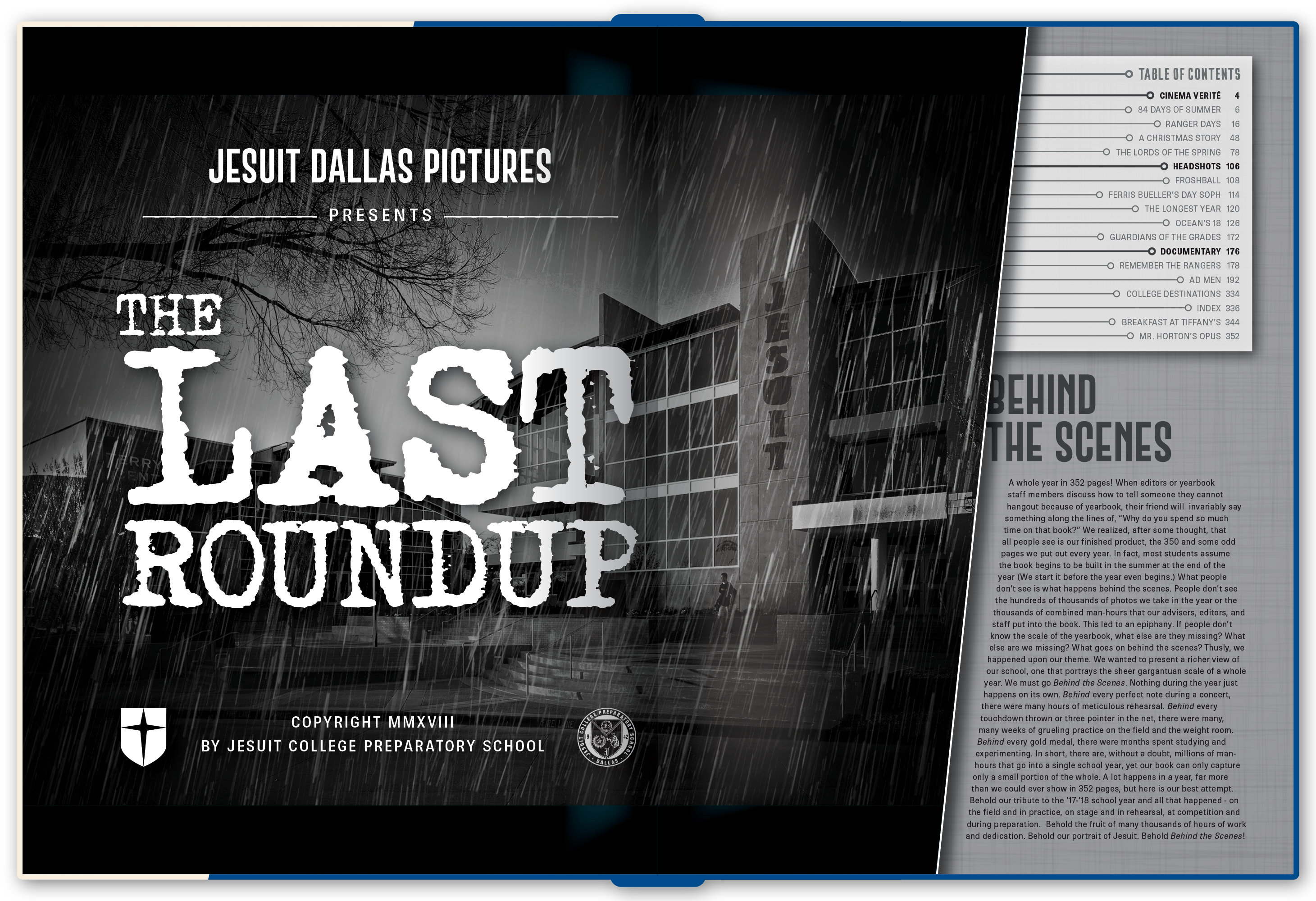 The opening/intro spread from the Behind the Scenes yearbook, inspired by the look & feel of old black and white films.