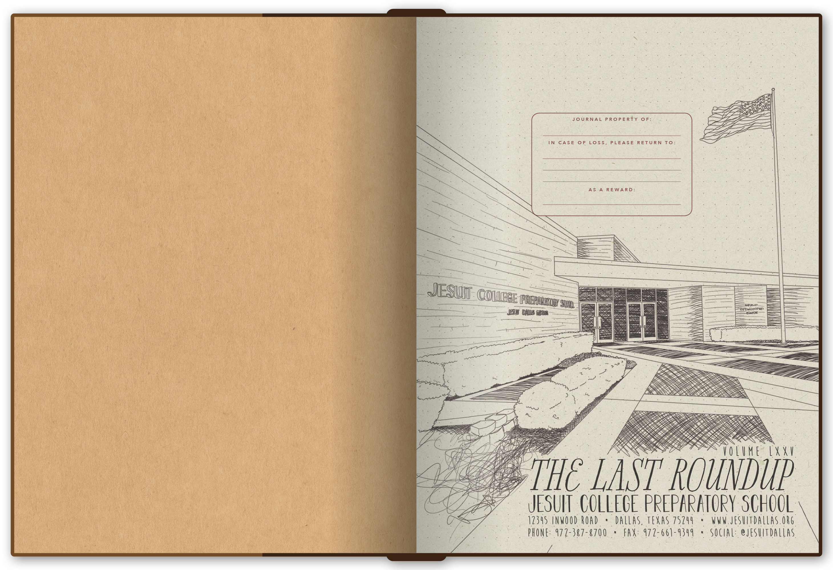 The title page looks like the first page of a journal with a full-page drawing of the front entrance of the school.