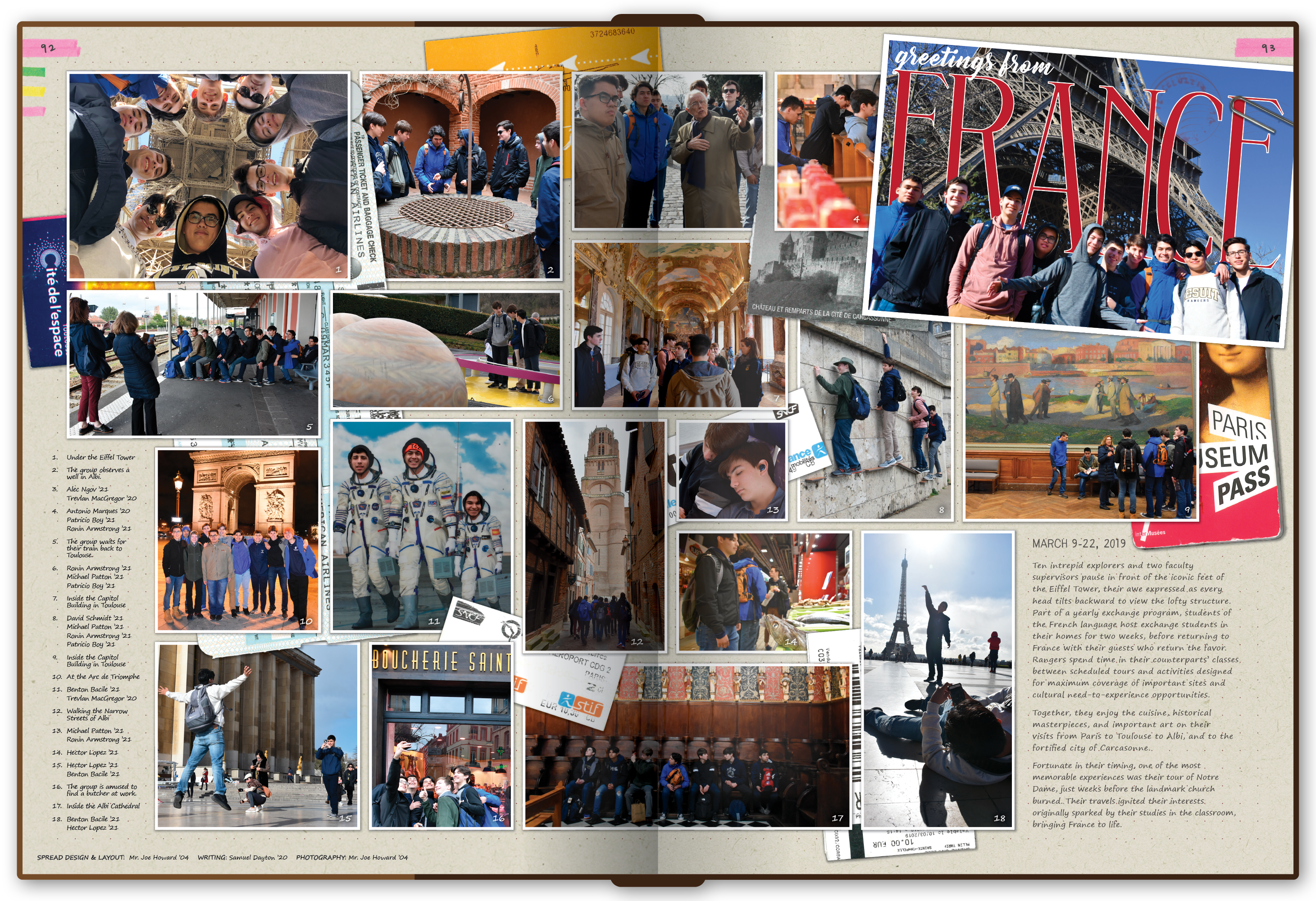 A spread depicting a student exchange trip to france includes scanned artifacts like tickets stubs.