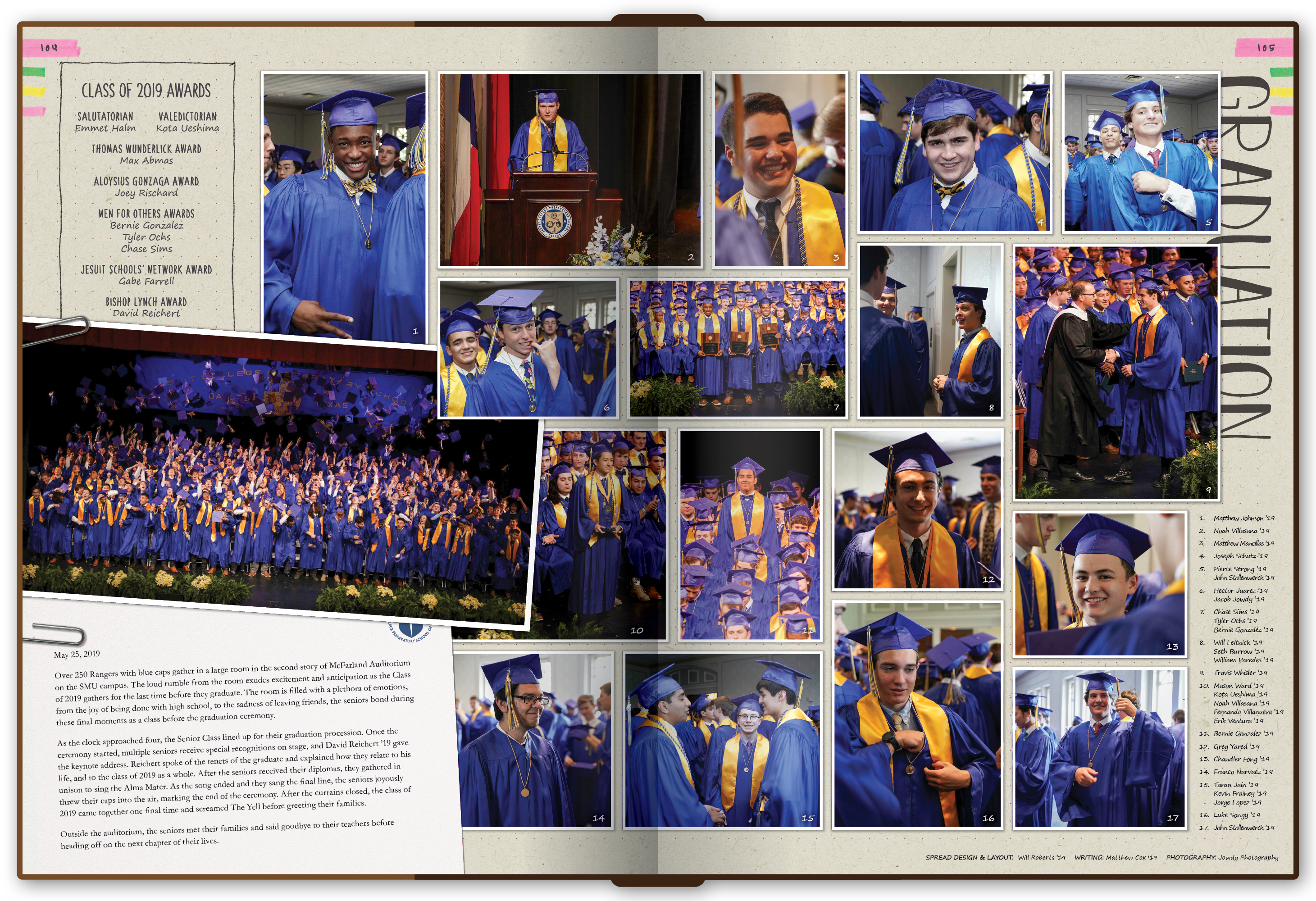 The graduation spread demonstrates the illusion of paper clips being used to attach photos and the story being written on official school letterhead.