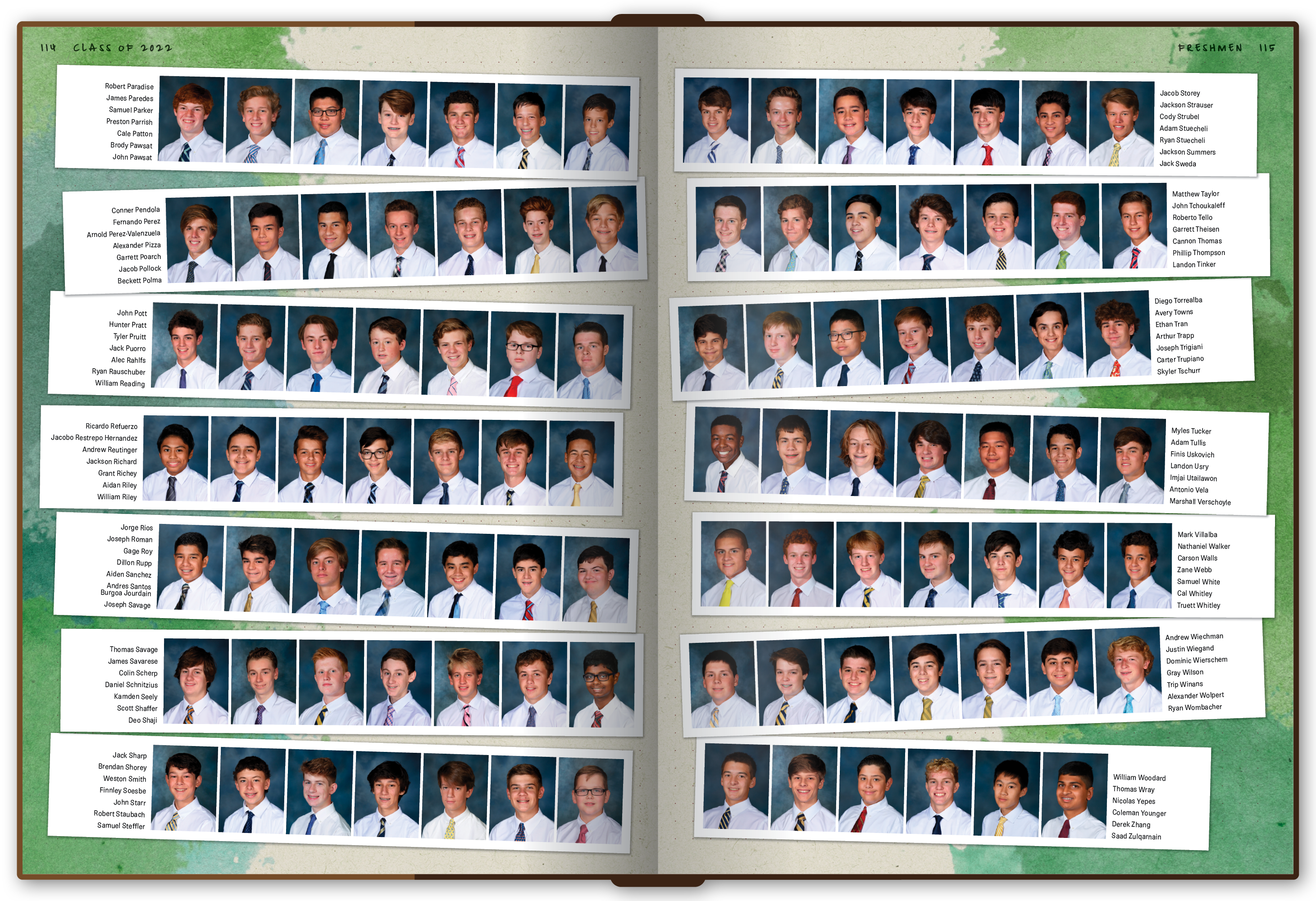 A freshman portraits spread shows the portraits arranges like photobooth photo strips.