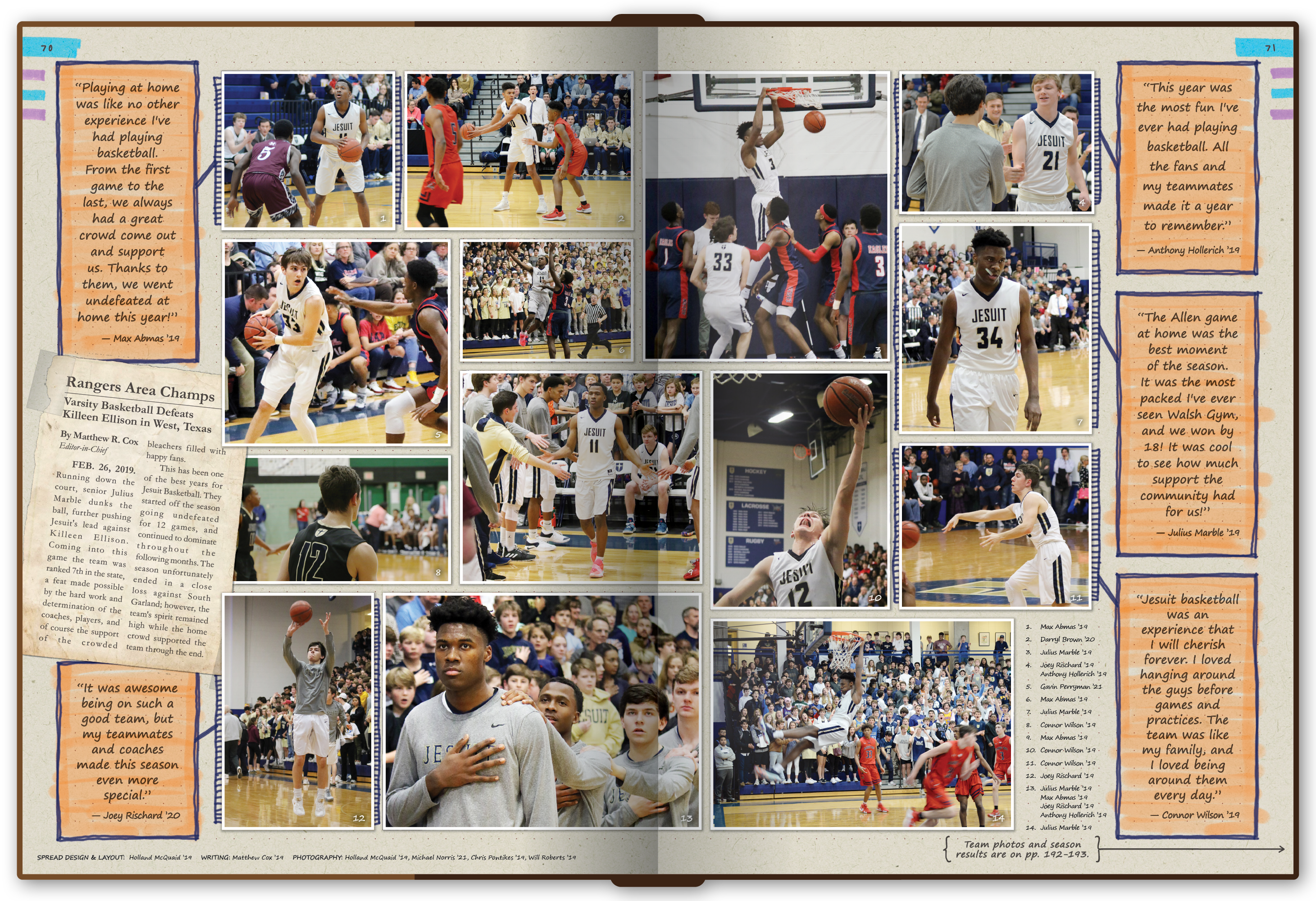 Some spreads like this basketball spread used the illustion of taped newspaper articles for the story.