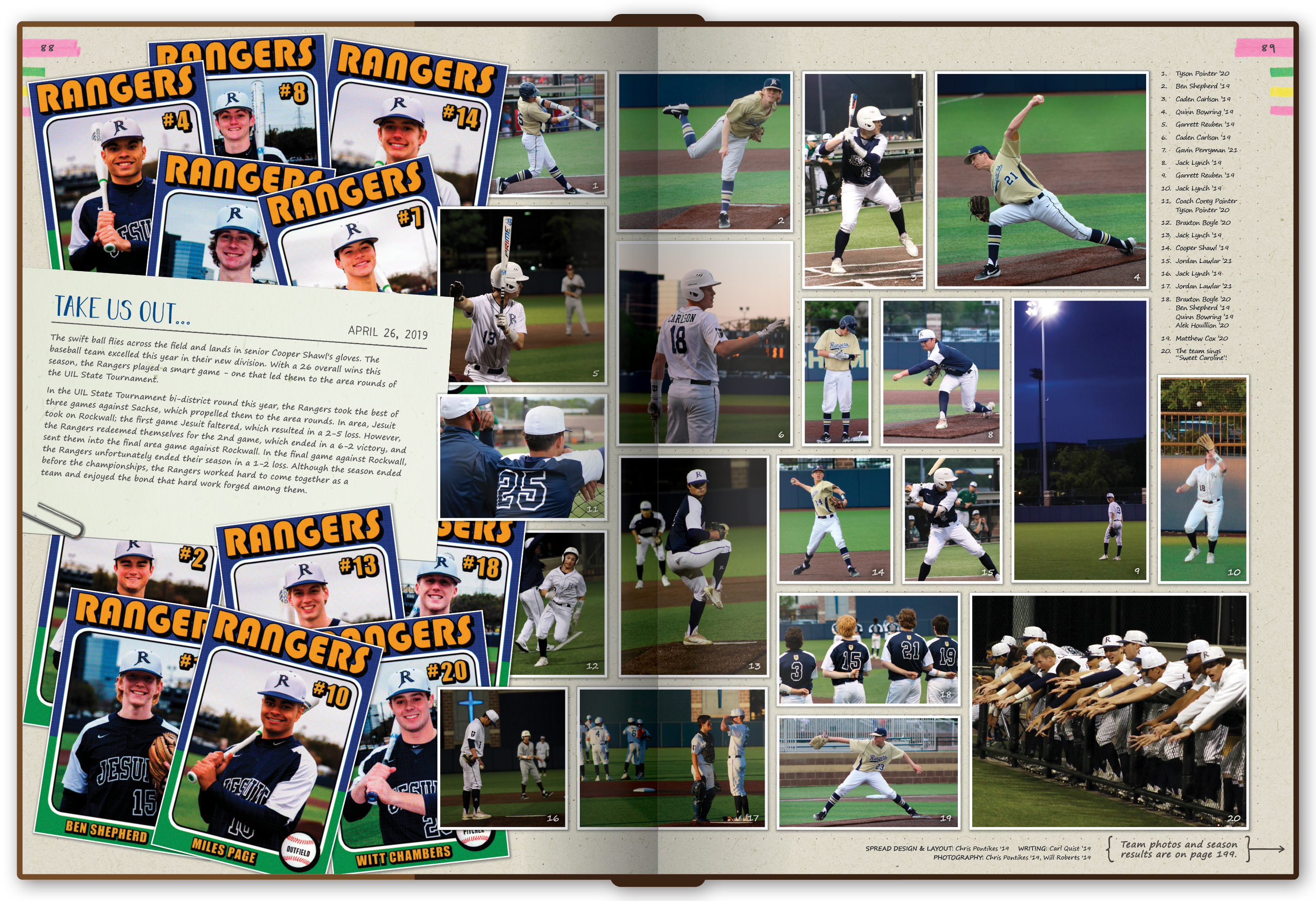 Fake trading cards were designed for the baseball spread.