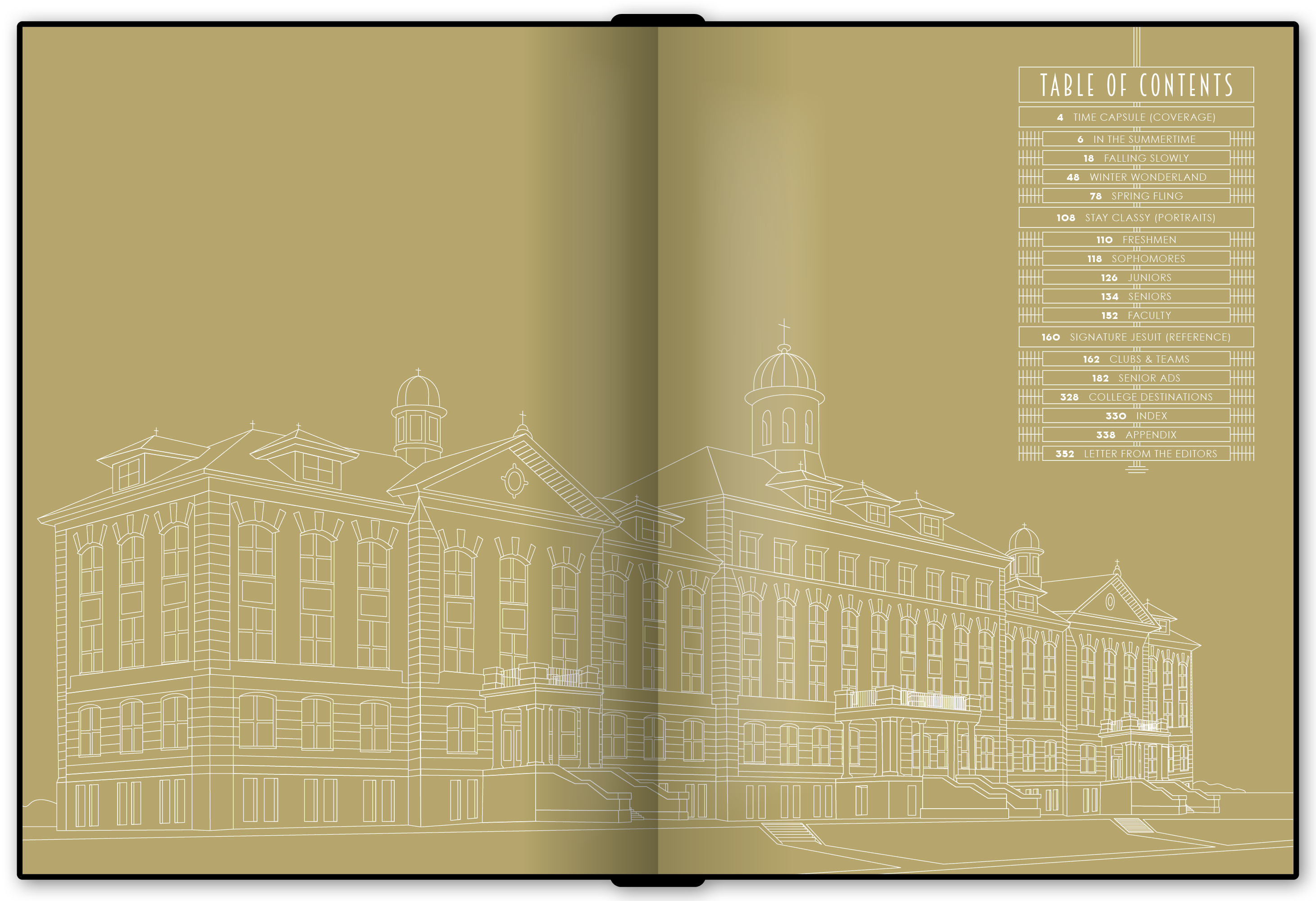 An example of the gold endpages with a vector illustration of the original campus.