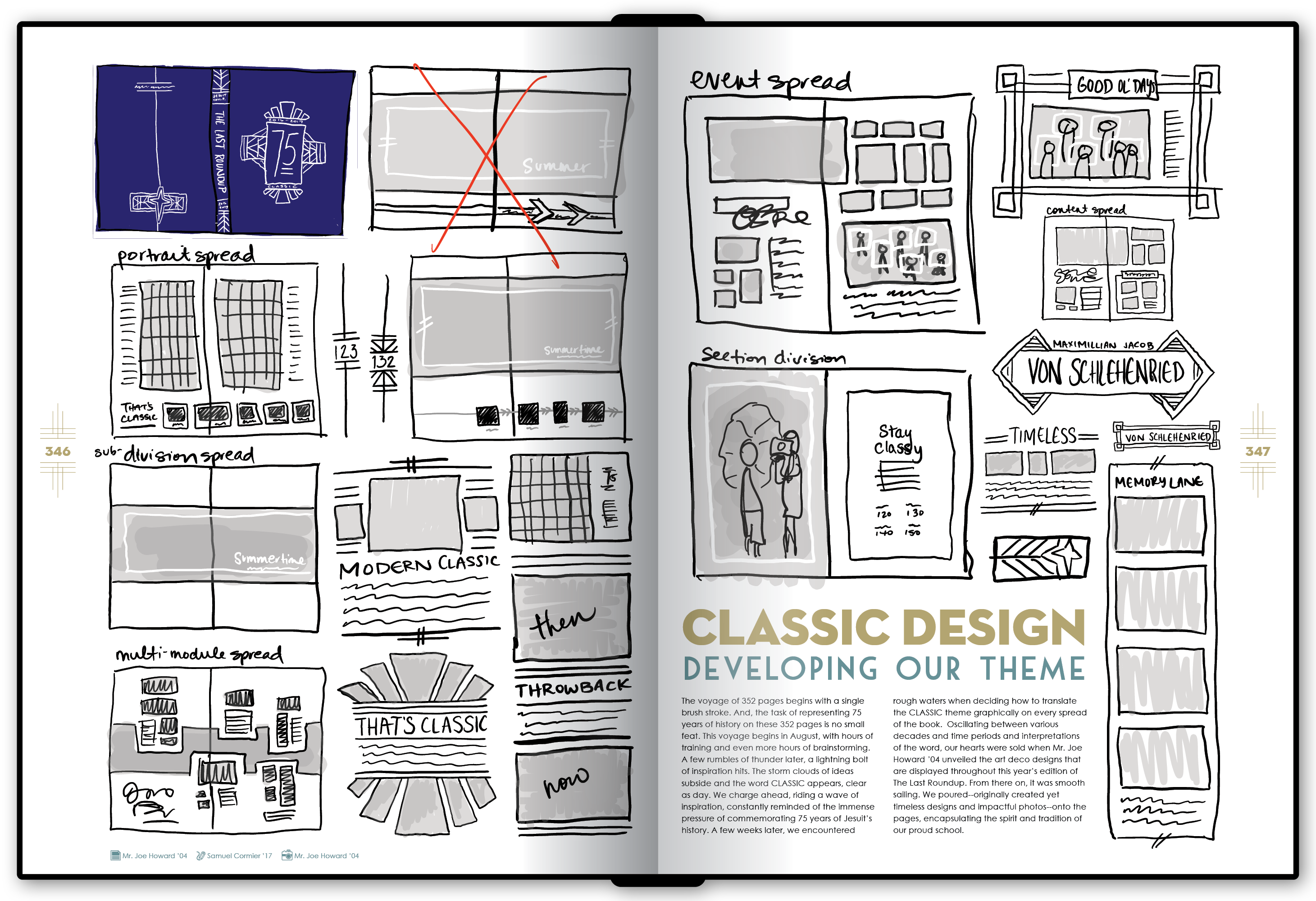A spread from the 2016-17 Classic yearbook showcasing the brainstorming work behind it.