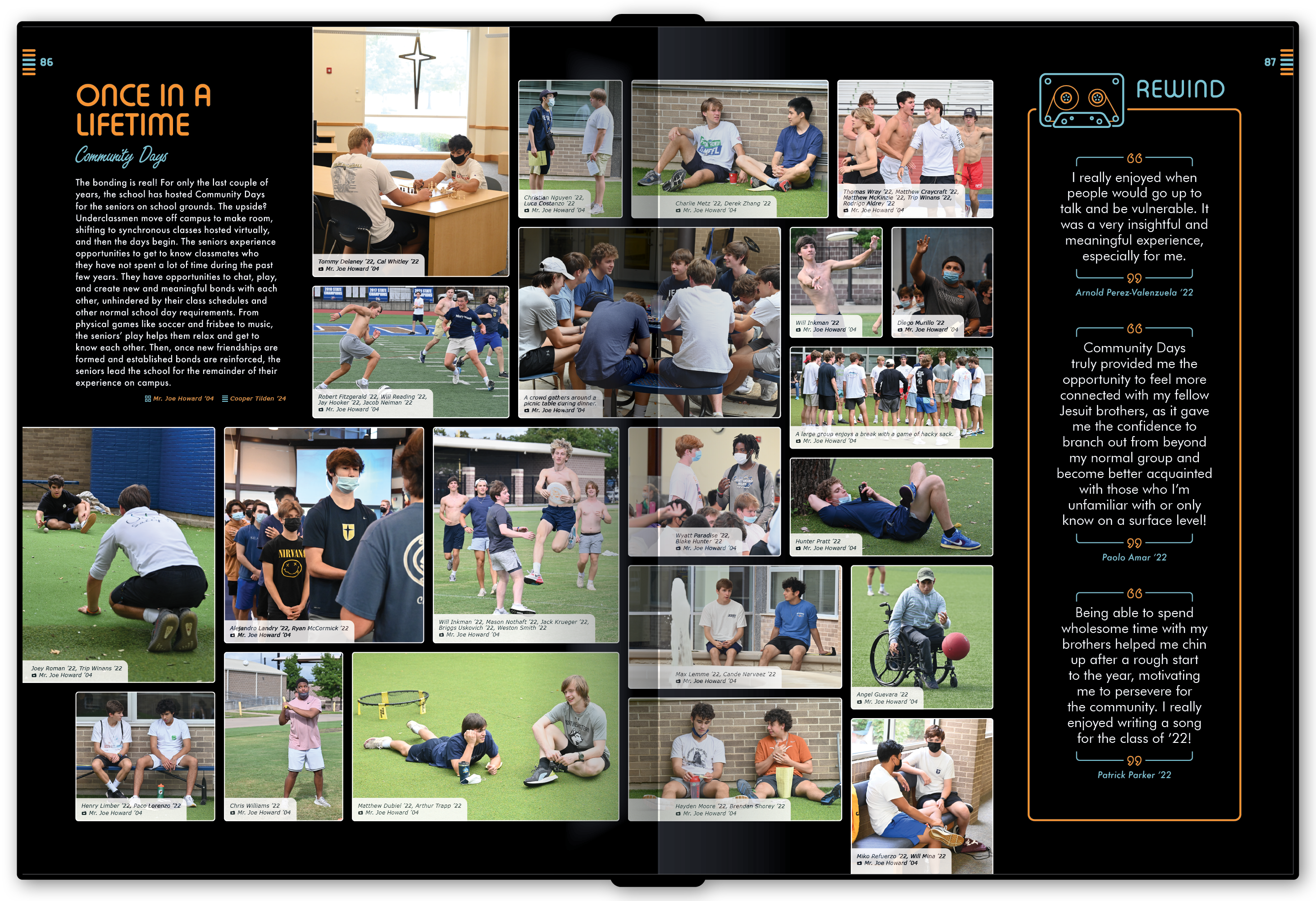 A spread containing one of the &ldquo;Rewind&rdquo; modules, designed to include reflective quotes from students.