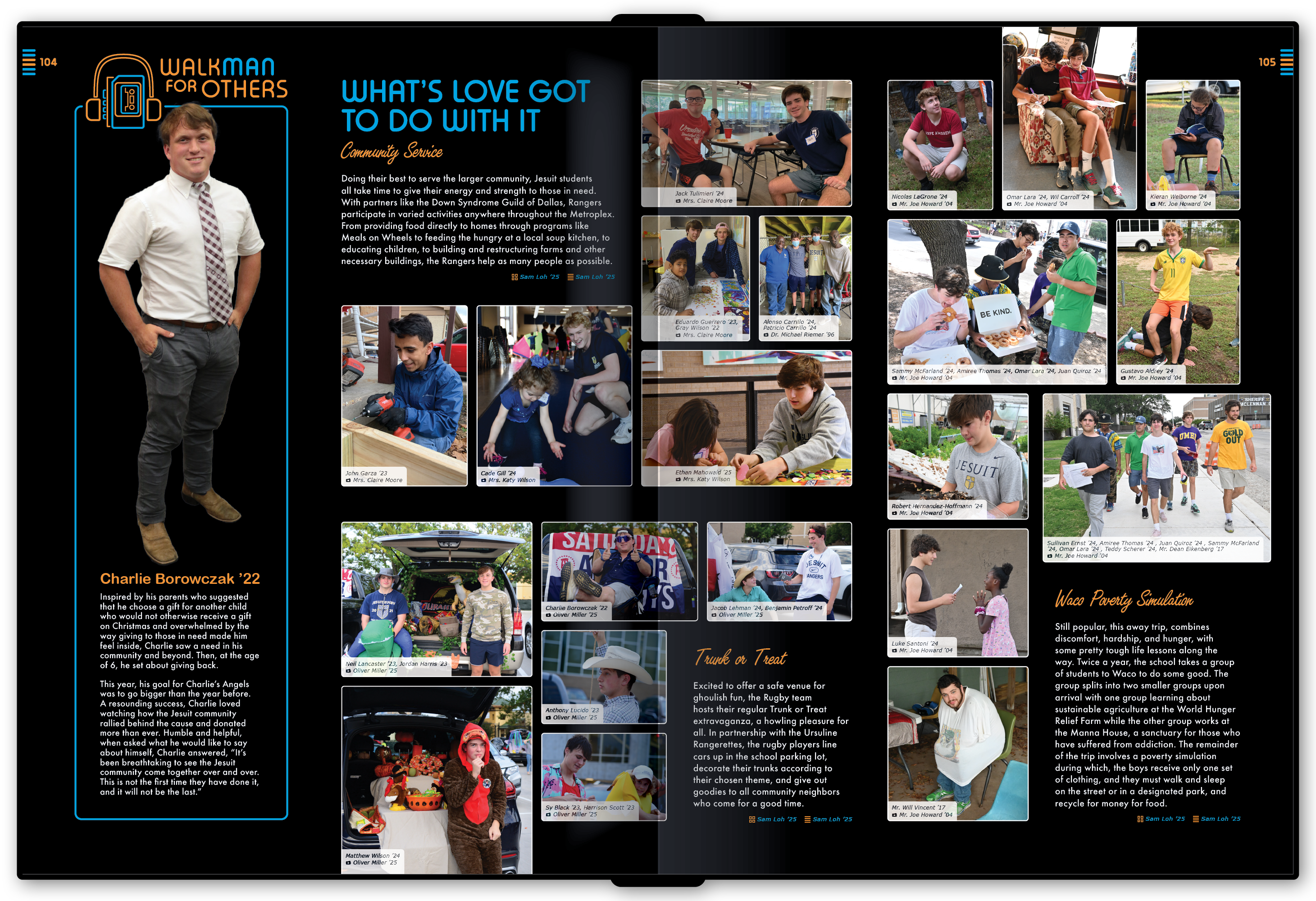 A spread containing a &ldquo;Walkman for Others&rdquo; module, which uses a play on words based on the school's &ldquo;Man for Others&rdquo; motto to highlight a standout student.