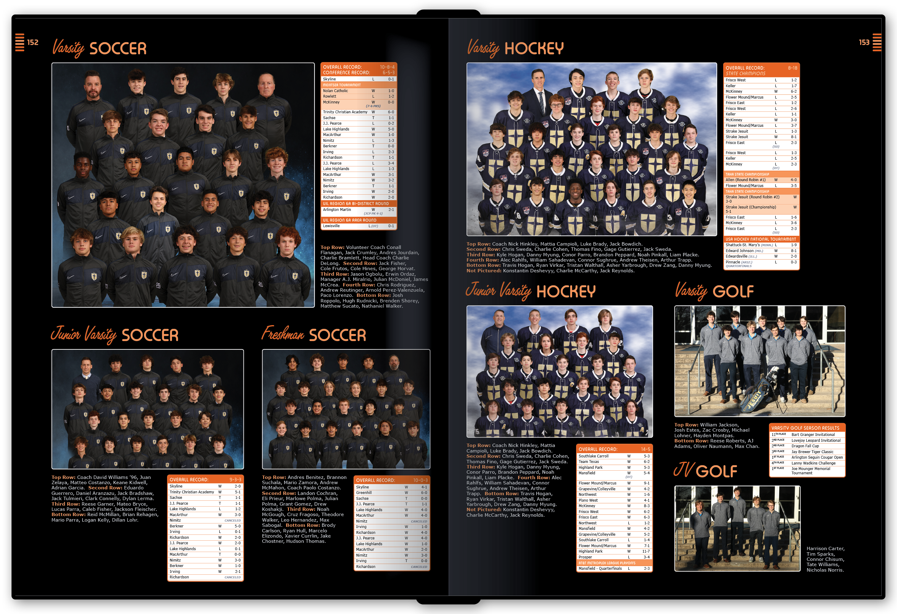 An example of a sports team photos, rosters, and records spread.