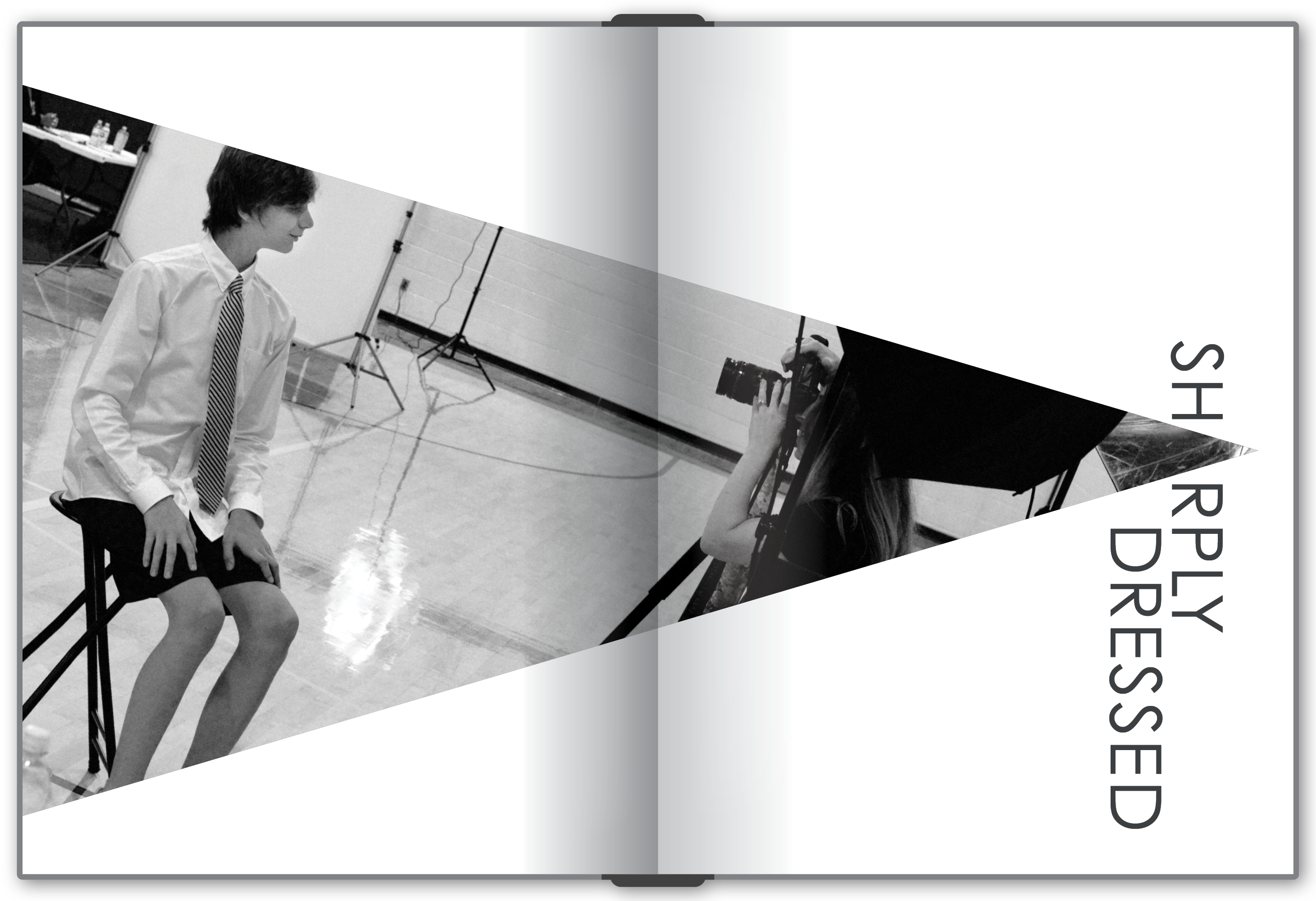 Each section division had a black and white photo that was cropped into a sharp tiangle that formed the &ldquo;A&rdquo; of one of the letters in the section's title.
