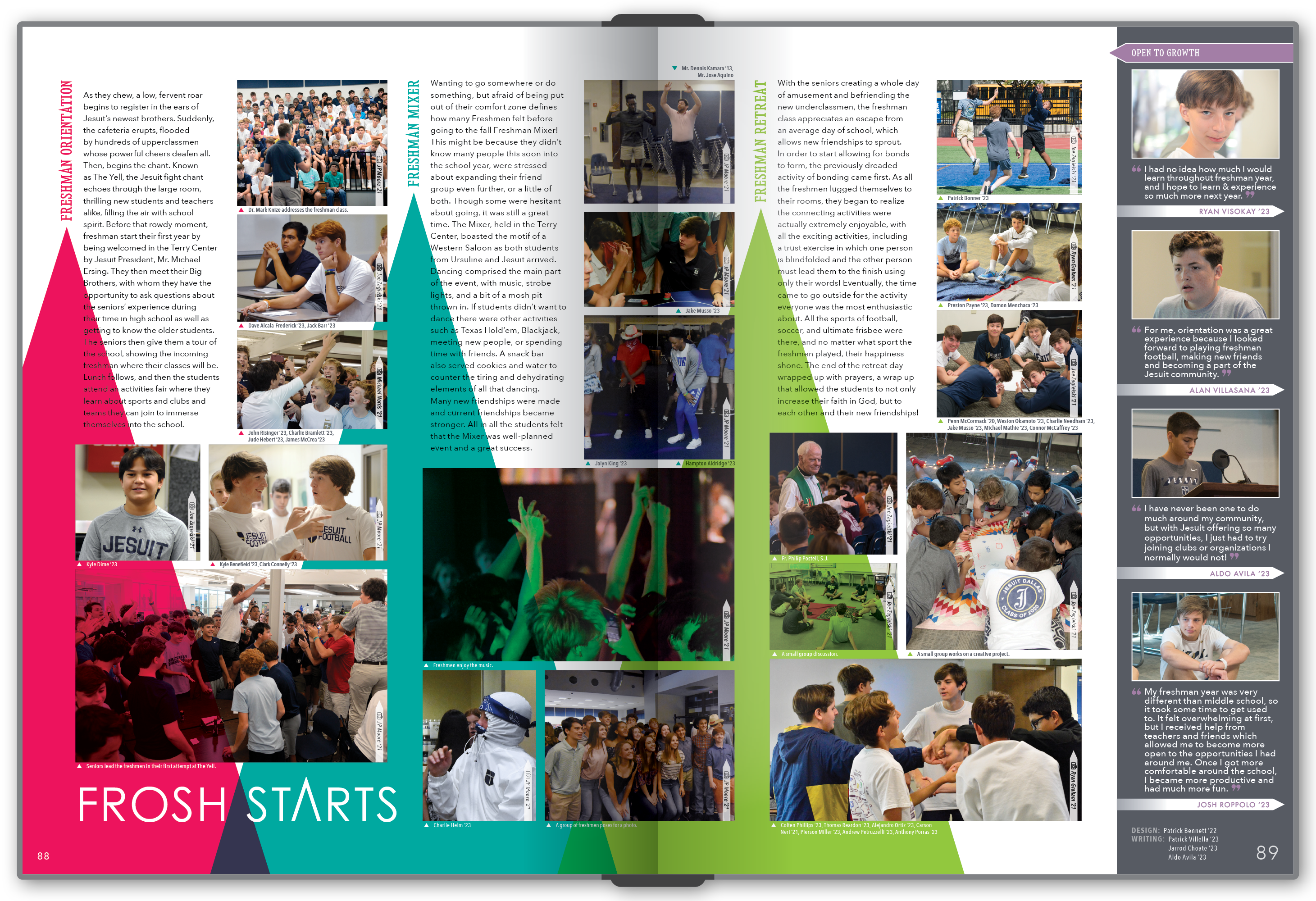 A freshman-themed spread showcases the consistent right-hand side rail along with recurring triangles.