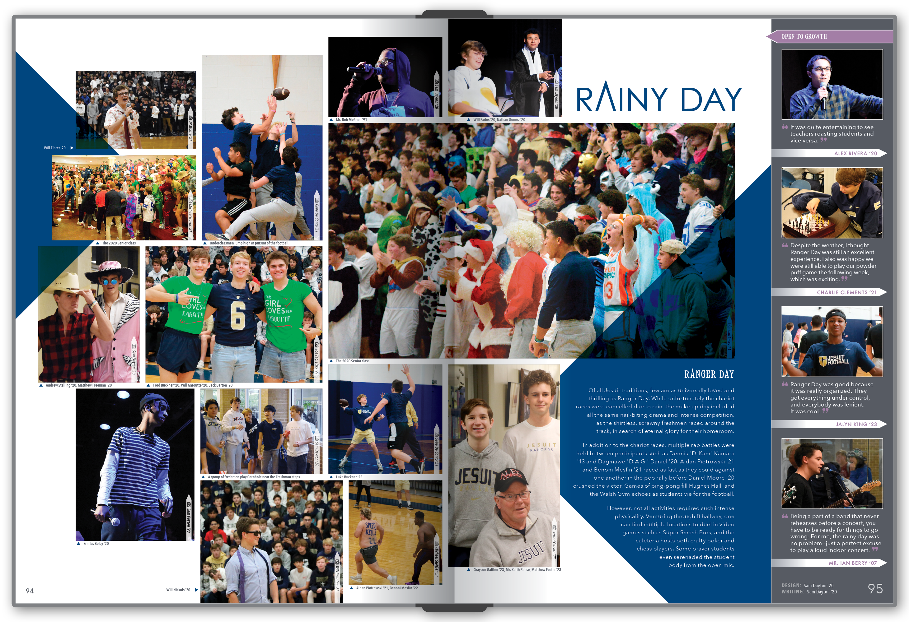 A spread about an annual spirit day showcases the consistent right-hand side rail along with recurring triangles.
