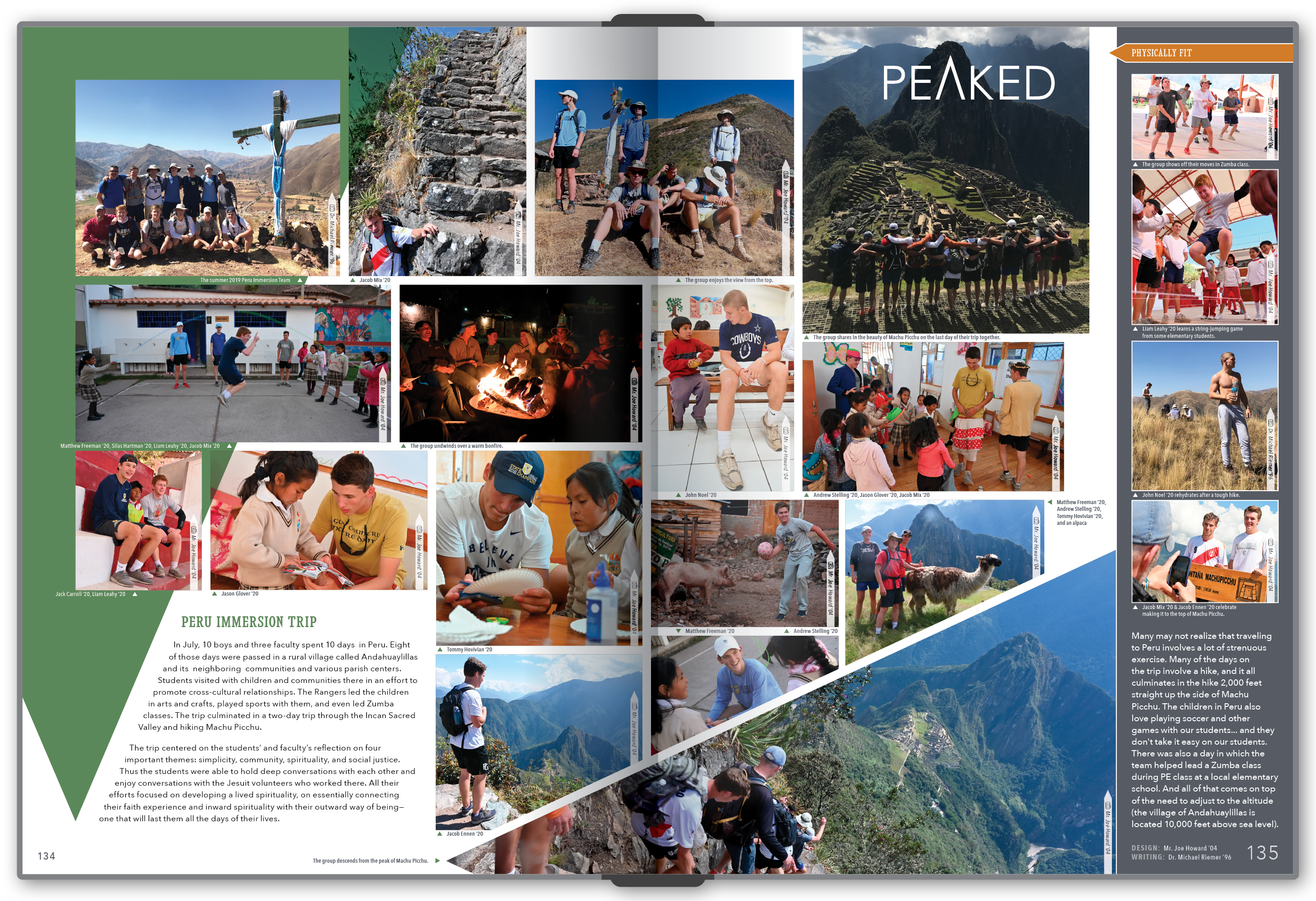 A spread about an annual summer service trip to Peru showcases the consistent right-hand side rail along with recurring triangles.